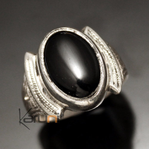 Ethnic Tuareg Tribe Design Signet Ring Silver with Black Onyx Oval Unisex  52