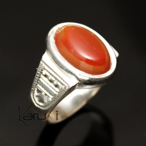 Ethnic Tuareg Tribe Design Signet Ring Silver with Red Agate Oval 40