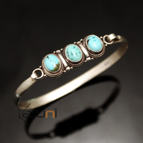 Indian Ethnic Jewelry 925 Sterling Silver Bracelet Nepal 34 Link Bangle 3 Stones Turquoise Filigranes Newari