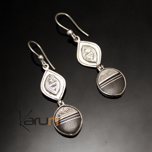 Ethnic Earrings Sterling Silver Jewelry Ebony Leaf Pendant Tuareg Tribe Design KARUNI 107