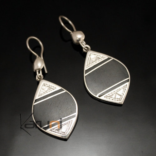 Ethnic Earrings Sterling Silver Jewelry Ebony Leaf Engraved Band Tuareg Tribe Design 113