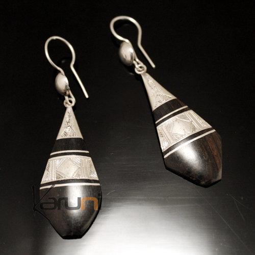 Ethnic Earrings Sterling Silver Jewelry Ebony Graphic Drops Tuareg Tribe Design 111