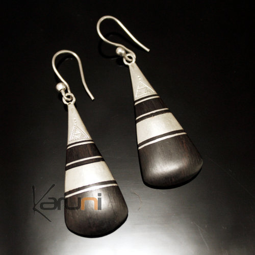 Ethnic Earrings Sterling Silver Jewelry Ebony Long Drop Smooth Band Tuareg Tribe Design 121