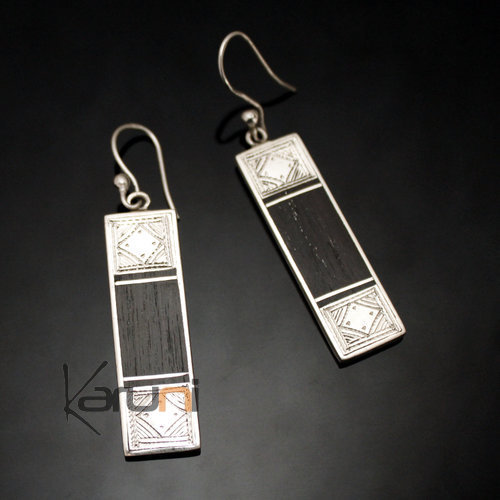 Ethnic Earrings Sterling Silver Jewelry Ebony Engraved Long Rectangle Tuareg Tribe Design 125