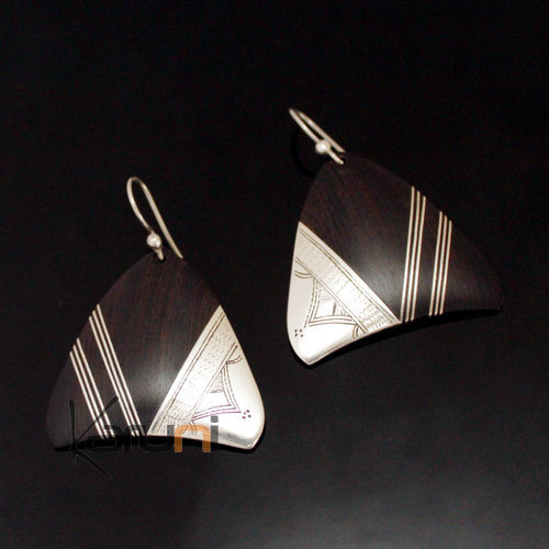 Ethnic Earrings Sterling Silver Jewelry Ebony Big Engraved Triangle Tuareg Tribe Design 142