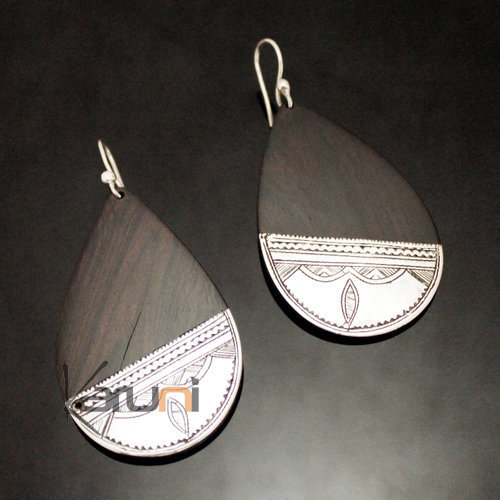 Ethnic Earrings Sterling Silver Jewelry Ebony Big Engraved Sloping Drop Tuareg Tribe Design 147
