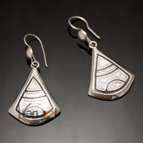 Ethnic African Earrings Sterling Silver Jewelry Engraved Ebony Triangle Tuareg Tribe Design 111