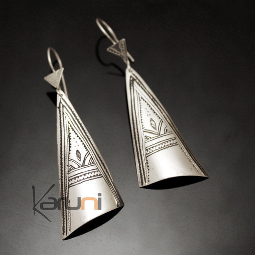 Ethnic African Earrings Sterling Silver Jewelry Long Engraved Curve Triangle Tuareg Tribe Design 124