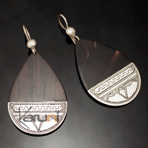 Ethnic Earrings Sterling Silver Jewelry Ebony Big Drops Engraved Bottom Moon Crescent Tuareg Tribe Design 157