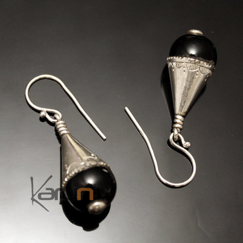 Ethnic Earrings Sterling Silver Jewelry Engraved Lacy Drop Black Onyx Tuareg Tribe Design 25
