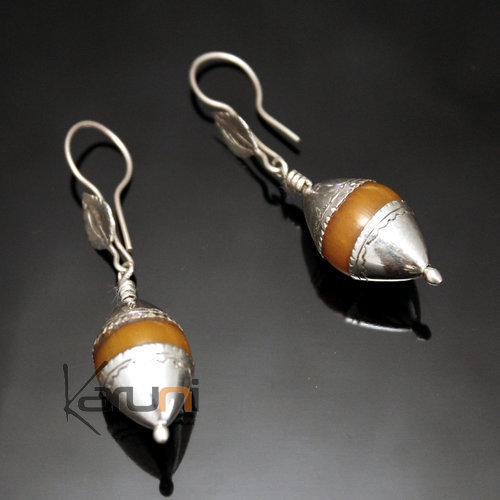 Ethnic Earrings Sterling Silver Jewelry Engraved Drop Yellow Amber Bead Tuareg Tribe Design 24