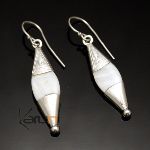 Ethnic Earrings Sterling Silver Jewelry Drop Engraved Diamond Mother of Pearl Tuareg Tribe Design 26