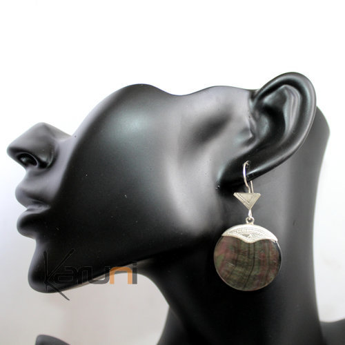 Ethnic Earrings Sterling Silver Jewelry Big Engraved Mother of Pearl Round Tuareg Tribe Design 31