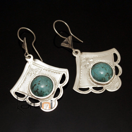 Ethnic Earrings Sterling Silver Openwork Jewelry Engraved Scalloped Turquoise Pendants Tuareg Tribe Design 32
