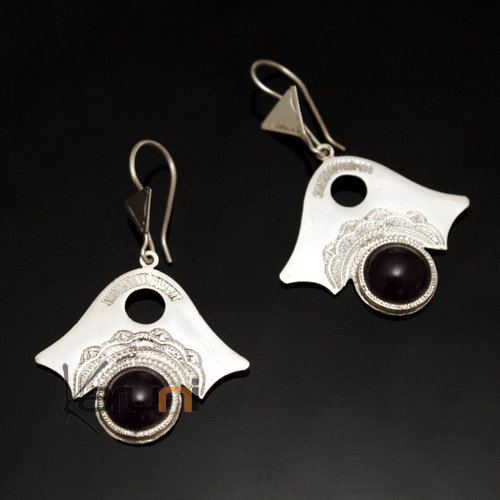 Ethnic Earrings Sterling Silver Jewelry Engraved Fan Pendant Purple Amethyst Tuareg Tribe Design 36 