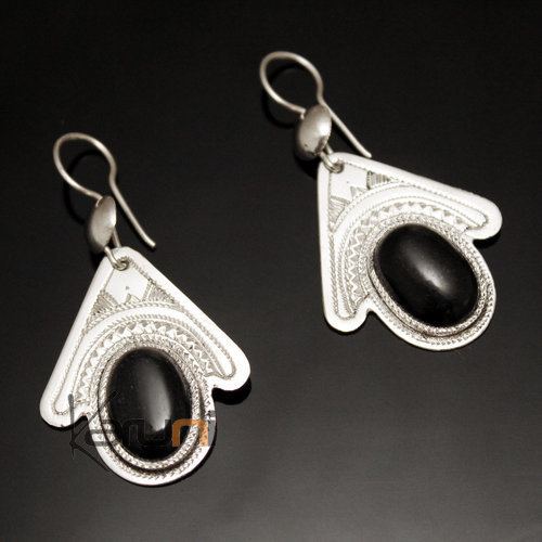 Ethnic Earrings Sterling Silver Jewelry Flower Pendant Black Onyx Tuareg Tribe Design 37