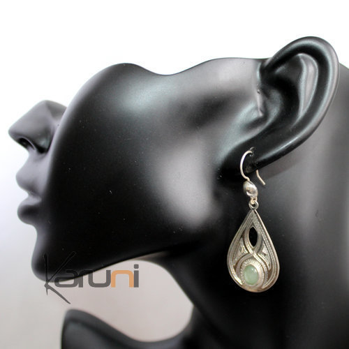 Ethnic Earrings Sterling Silver Openwork Jewelry Engraved Drop Green Jade Tuareg Tribe Design 39