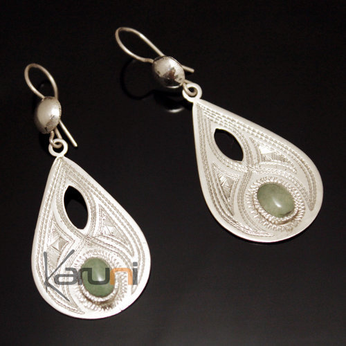Ethnic Earrings Sterling Silver Openwork Jewelry Engraved Drop Green Jade Tuareg Tribe Design 39