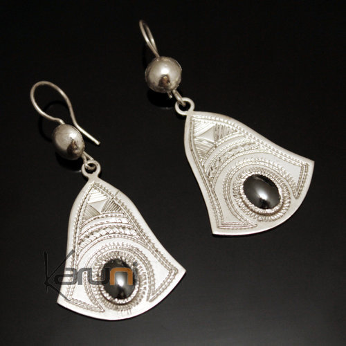 Ethnic Drop Earrings Sterling Silver Jewelry Engraved Hematite Bell Tuareg Tribe Design 40