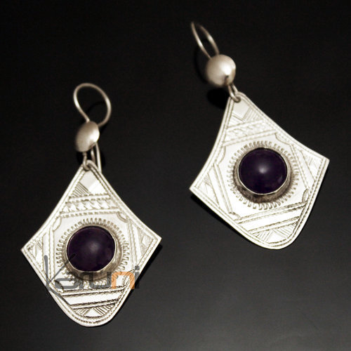 Ethnic Drop Earrings Sterling Silver Jewelry Engraved Diamond Purple Amethyst Tuareg Tribe Design 41