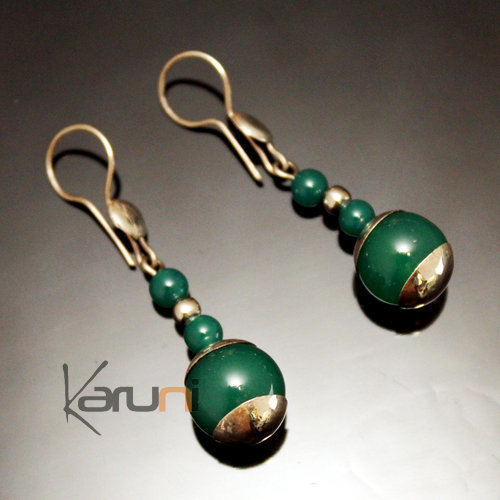 Ethnic Earrings Sterling Silver Jewelry Round Green Agate Beads Tuareg Tribe Design 51
