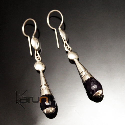 Ethnic Drop Earrings Sterling Silver Jewelry Long Faceted Amethyst Tuareg Tribe Design 54