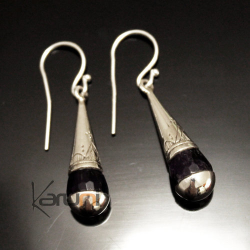 Ethnic Drop Earrings Sterling Silver Jewelry Engraved Faceted Amethyst Tuareg Tribe Design 53