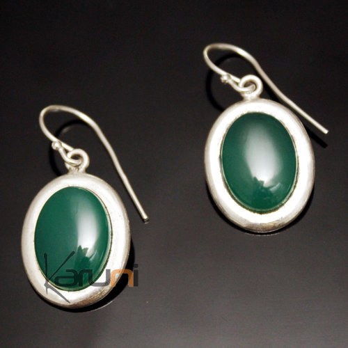 Ethnic Earrings Sterling Silver Jewelry Small Green Agate Oval Tuareg Tribe Design 56