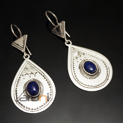 Ethnic Earrings Sterling Silver Jewelry Smooth Engraved Drop Lapis Lazuli Tuareg Tribe Design 57
