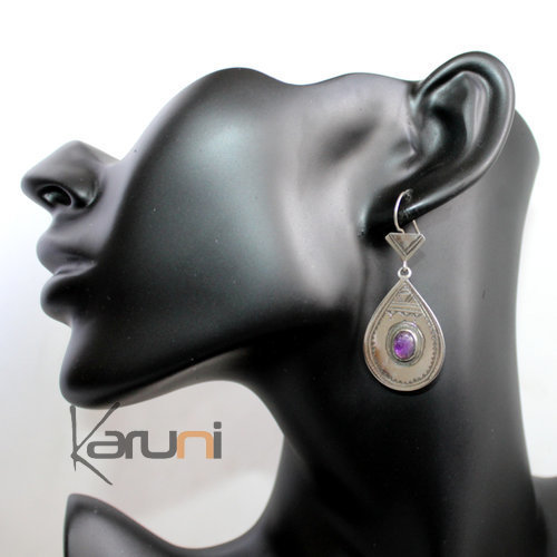 Ethnic Earrings Sterling Silver Jewelry Smooth Engraved Drop Purple Amethyst Tuareg Tribe Design 57