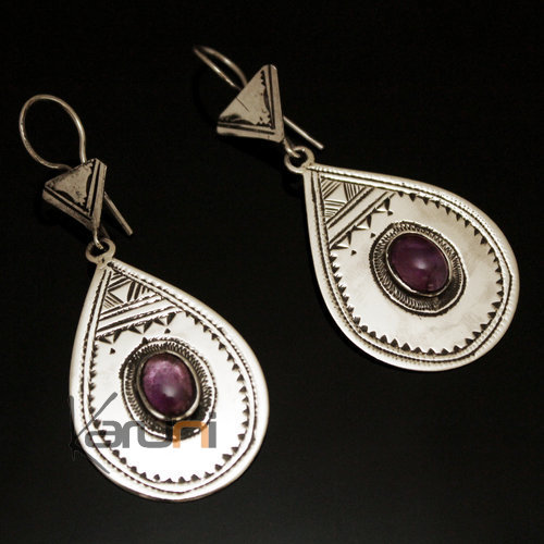 Ethnic Earrings Sterling Silver Jewelry Smooth Engraved Drop Purple Amethyst Tuareg Tribe Design 57
