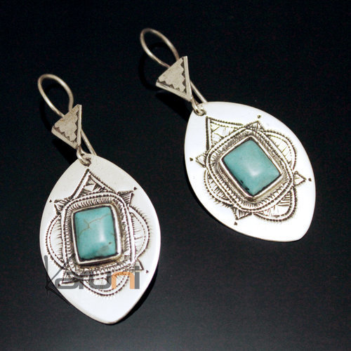 Ethnic Earrings Sterling Silver Jewelry Engraved Leaf Turquoise Tuareg Tribe Design 58