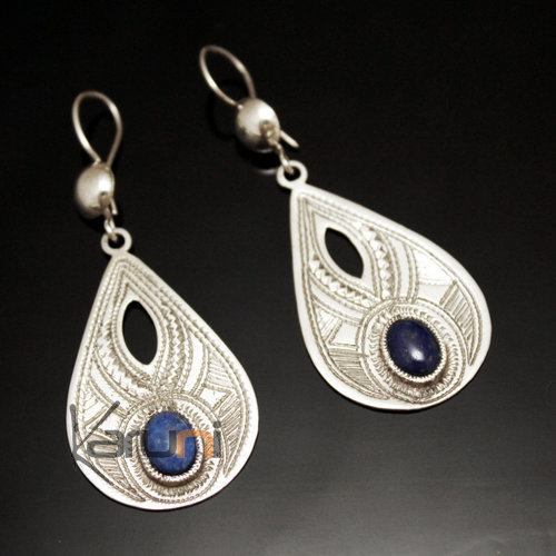 Ethnic Earrings Sterling Silver Openwork Jewelry Engraved Drop Lapis Lazuli Tuareg Tribe Design 39