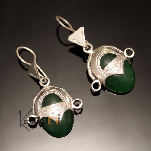 Ethnic Earrings Sterling Silver Jewelry Goddess Head Green Agate Tuareg Tribe Design 60