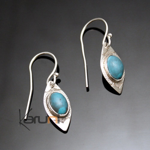 Ethnic Earrings Sterling Silver Jewelry Small Leaf Turquoise Tuareg Tribe Design 61
