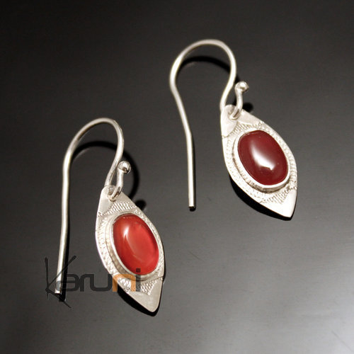 Ethnic Earrings Sterling Silver Jewelry Small Leaf Red Agate Tuareg Tribe Design 61