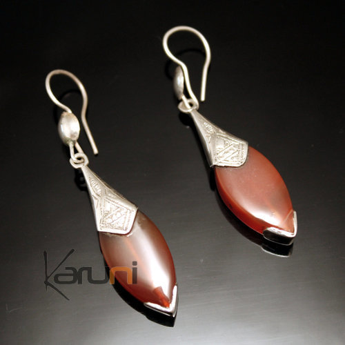 Ethnic Marquise Cut Earrings Sterling Silver Jewelry Engraved Cornaline Tuareg Tribe Design 65