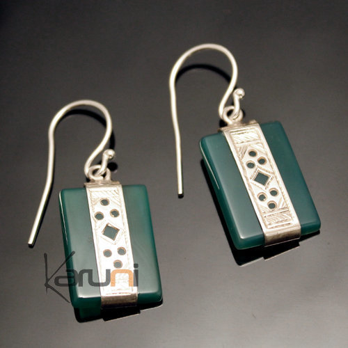 Ethnic Earrings Sterling Silver Jewelry Engraved Lacy Green Agate RectangleTuareg Tribe Design 67