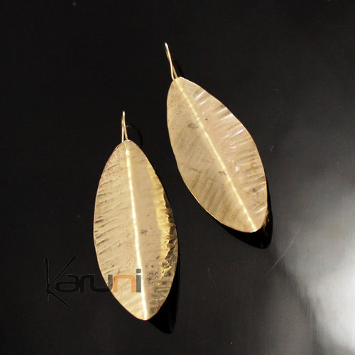 ulani Earrings Golden Bronze Long Leaves African Ethnic Jewelry Mali