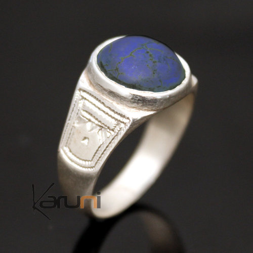Ethnic Tuareg Tribe Design Ring Silver Round with Lapis-Lazuli and Hand-Engraved 40