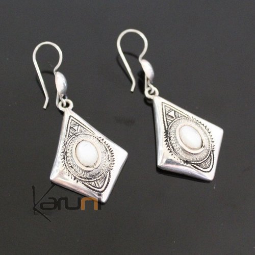 Ethnic Earrings Sterling Silver Jewelry Round Mothr of Pearl Lacy Pendants Tuareg Tribe Design 36