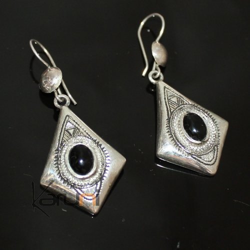 Ethnic Earrings Sterling Silver Jewelry Onyx Rectangle Small Lotus Tuareg Tribe Design 105