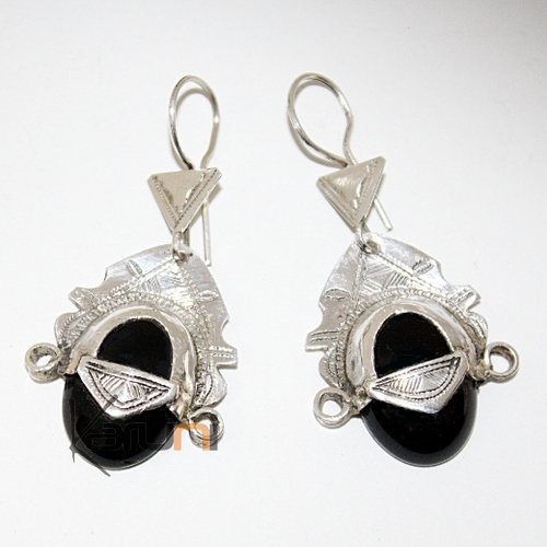 Ethnic Earrings Sterling Silver Jewelry Desert Goddess Head Black Onyx Tuareg Tribe Design 12