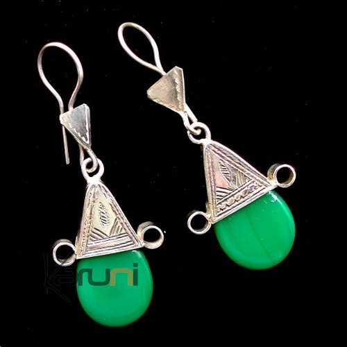 Tuareg earrings silver - Cross of Ingall round green