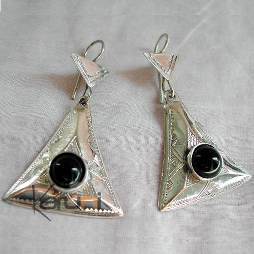 Tuareg triangle earrings chiseled silver and black onyx
