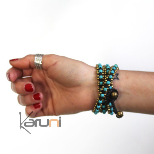 Bracelet multi ranks 3 turns turquoise pearls fabrics cambodia