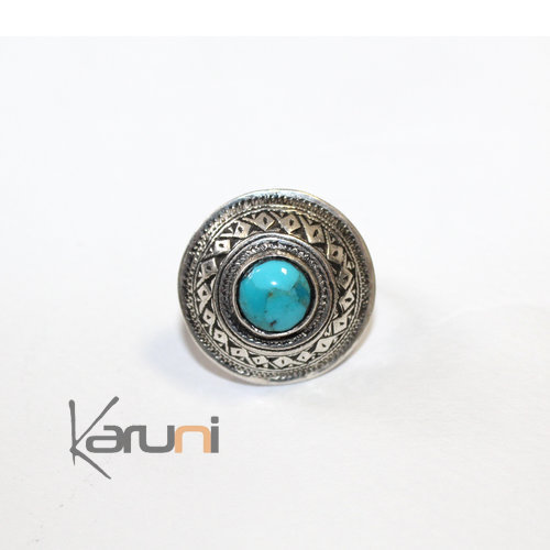 Tuareg Ethnic Jewelry Engraved Silver Ring Turquoise Stone 010