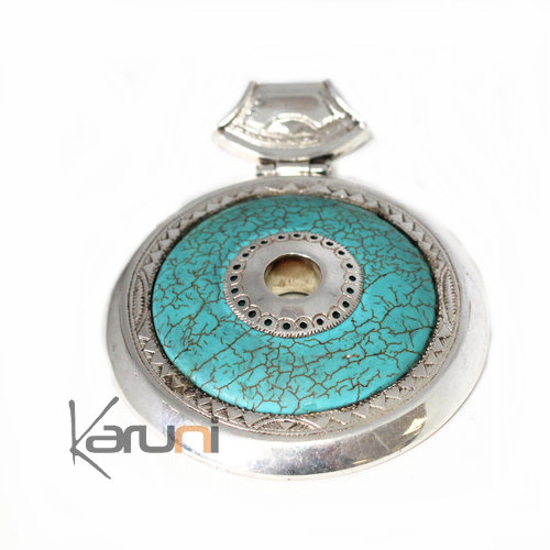 African Necklace Pendant Sterling Silver Ethnic Jewelry Turquoise Howlite Round Tuareg Tribe Design 12