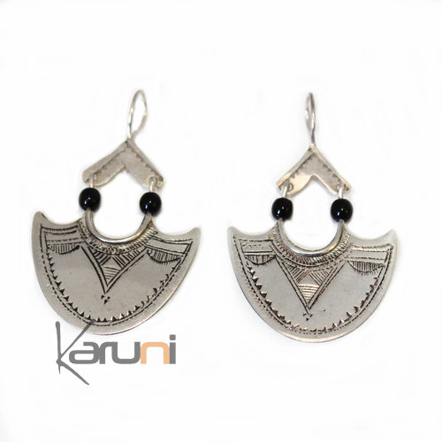 Ethnic Earrings Sterling Silver Jewelry Engraved Black Beads Fan Tuareg 4066
