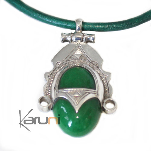 Necklace Pendant Sterling Silver Ethnic Jewelry Goddess Head Green Agate 7044